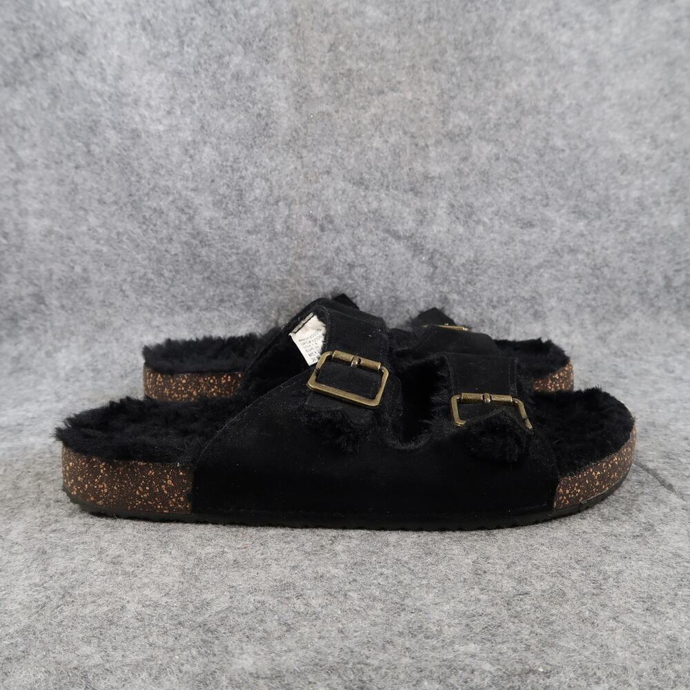 Casual Shoes Womens 7 Sandals Slides Slip On Double Straps Faux Fur Black Flats